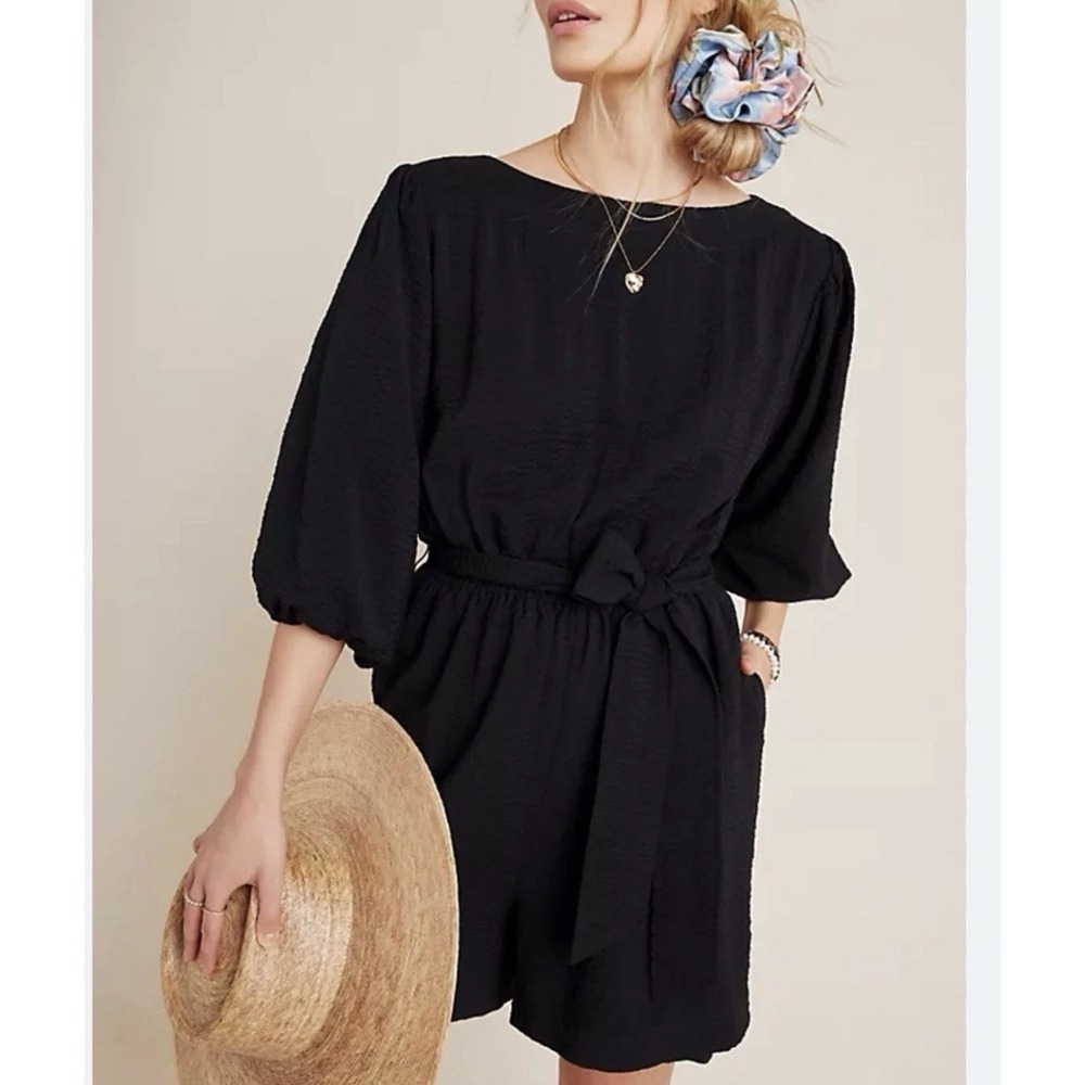 Anthropologie Black Short-Sleeve Belted Romper